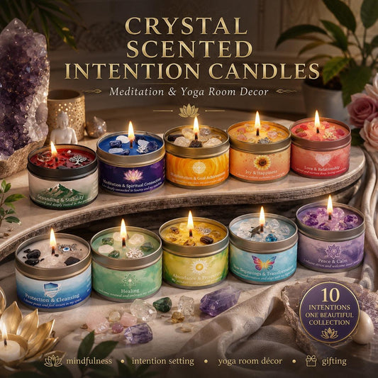 Crystal scented intention candles collection displayed on wooden tray with amethyst crystals