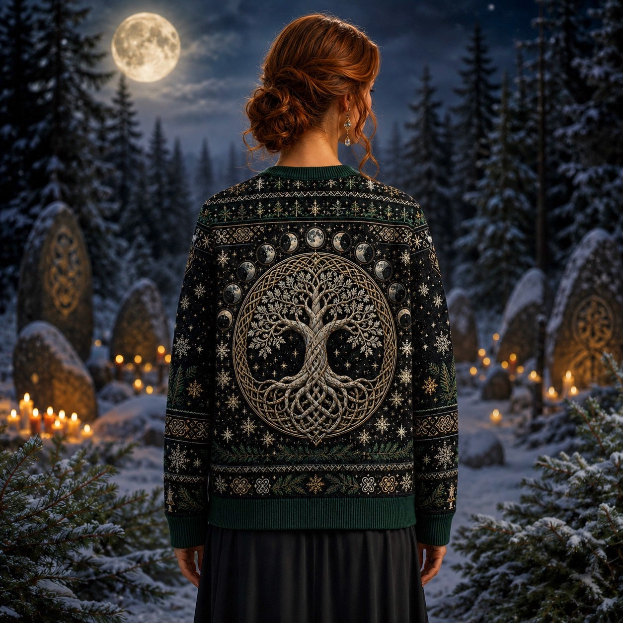 Crystal Tree Of Life Sweater Snowflake Silver Winter Knit worn, back view