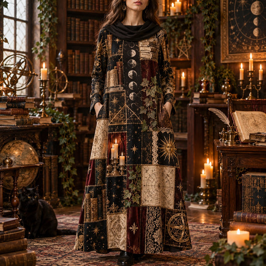 Dark Academia Occult Library Cowl Neck Dress โ Gothic Witchy Maxi โ worn, front view
