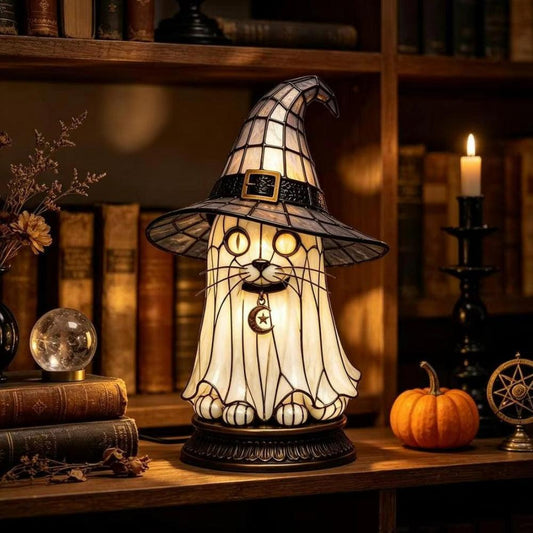 Dark academia cat face witch hat night light on bookshelf with crystal ball and candle