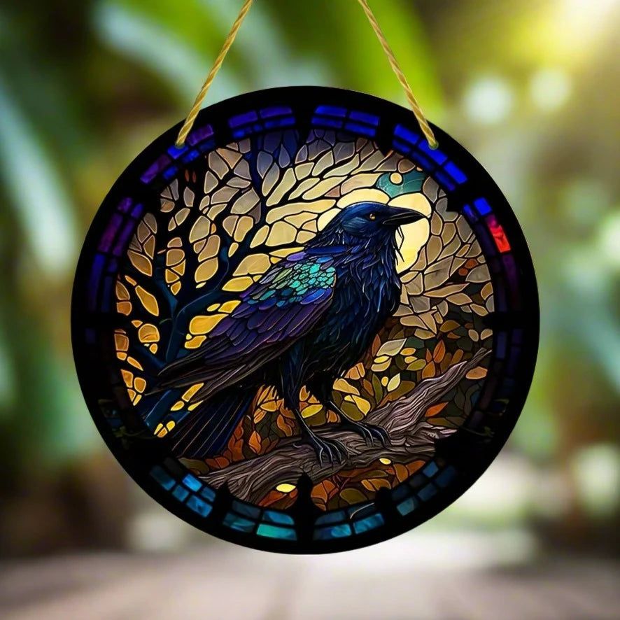 Dark Crow Suncatcher Gothic Raven Acrylic Round Sign-MoonChildWorld