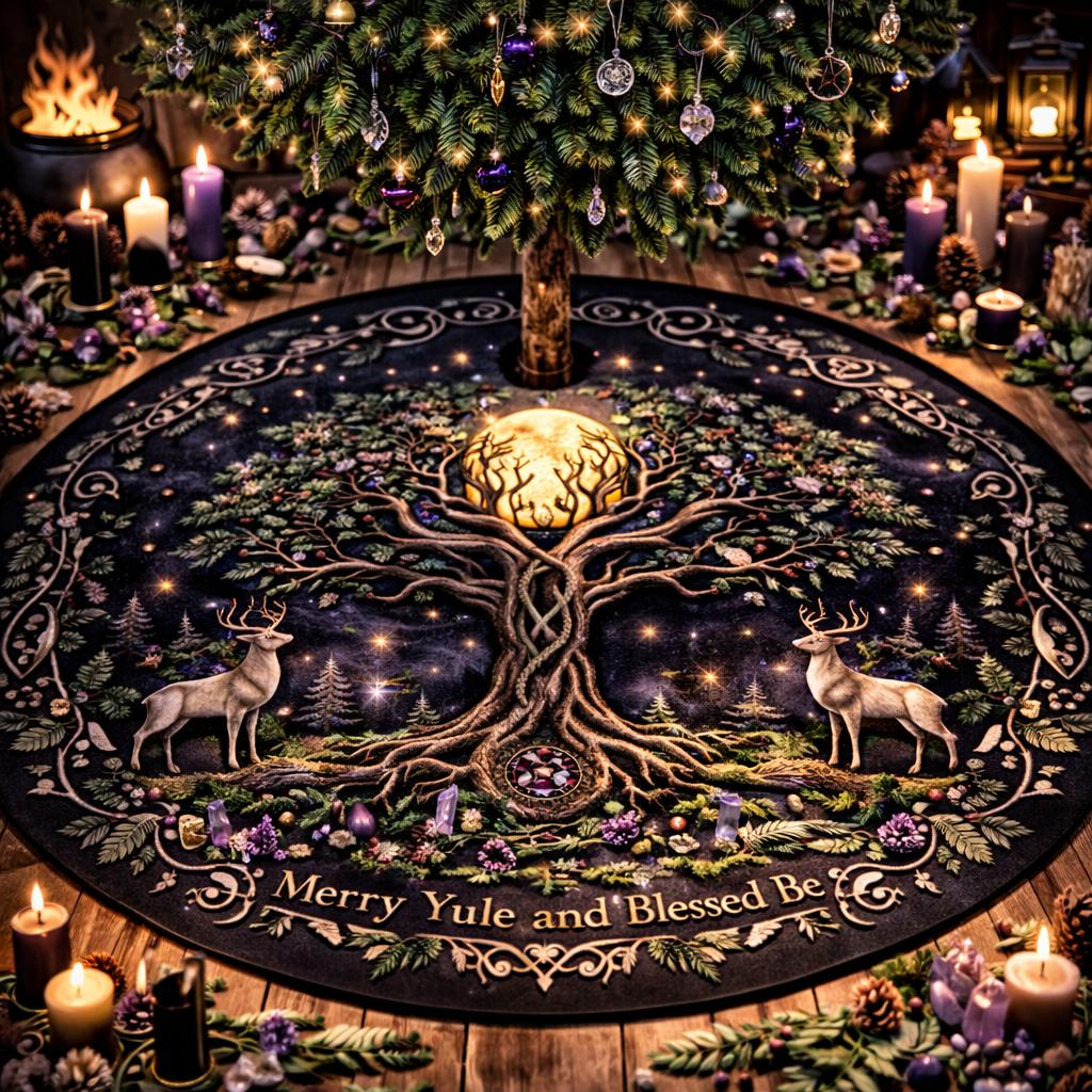 Dark Moon Yule Tree of Life velvet tree skirt with deer, glowing moon, and "Merry Yule and Blessed Be" text.