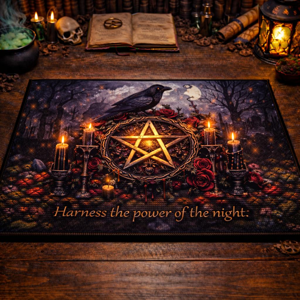 Dark Raven Witchcraft Pentagram Area Rug - Gothic Carpet for Halloween-MoonChildWorld