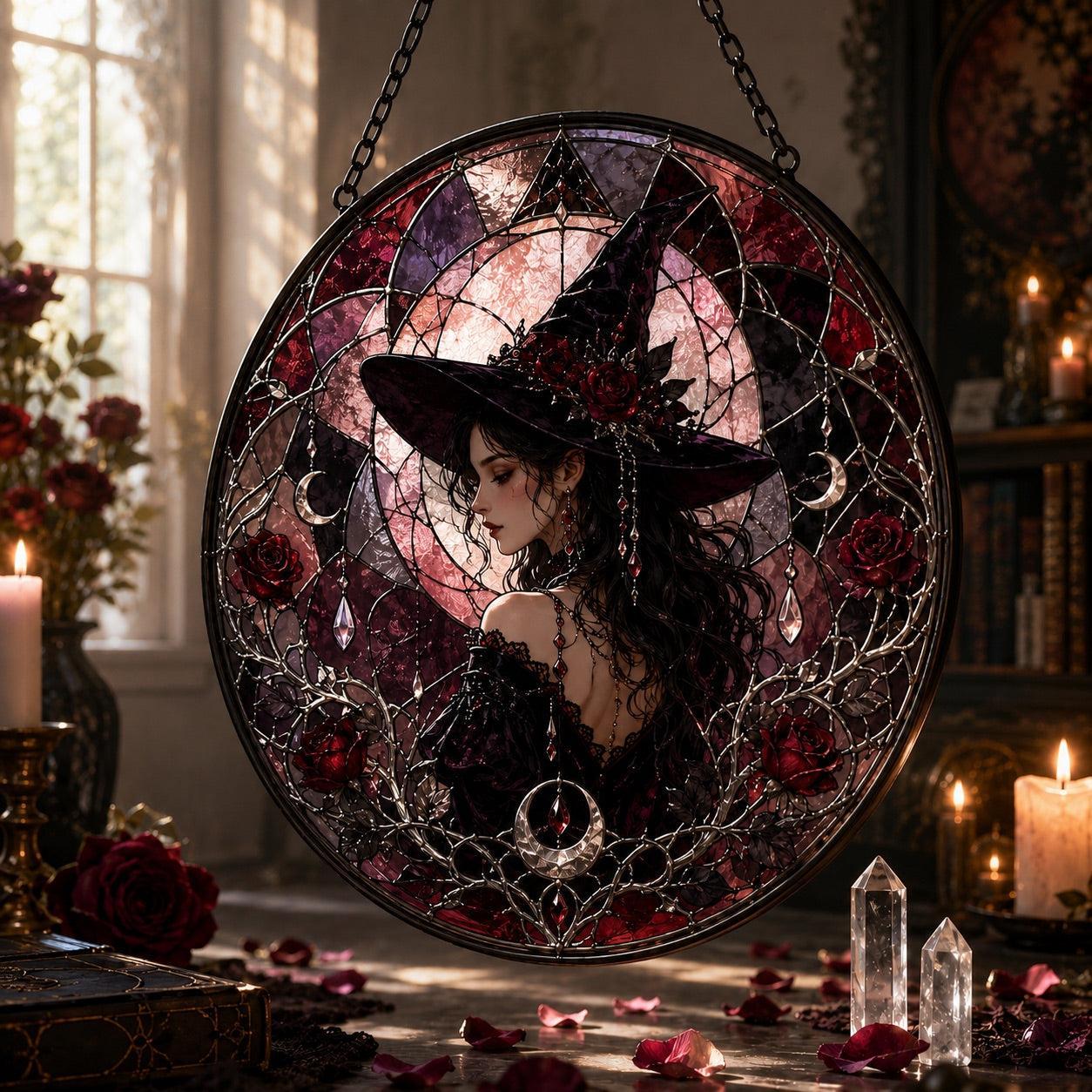 Dark Rose Witch Glass Suncatcher - close up detail