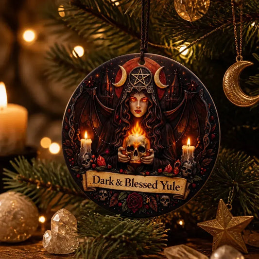 Dark Witch Ceramic Ornament with Skull, Triple Moon – Gothic Halloween Christmas Tree Decor_mockup_1.webp