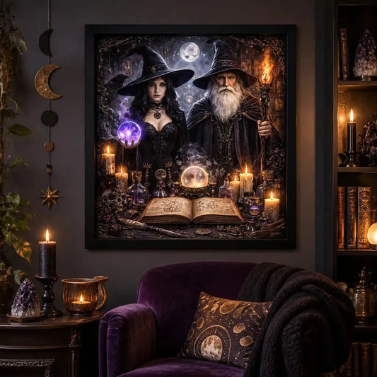 Dark Witch & Wizard Black Framed Art Print - Gothic Canvas Wall Decor for Halloween_mockup_1.webp