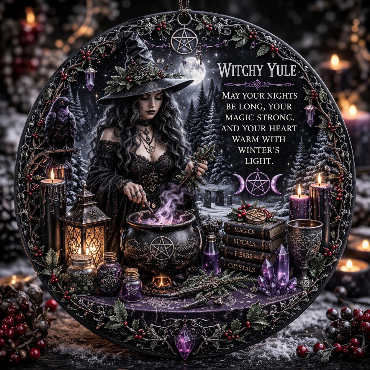 Dark Witch and Raven Wicca Yule Ceramic Ornament – Gothic Christmas Ornament-MoonChildWorld