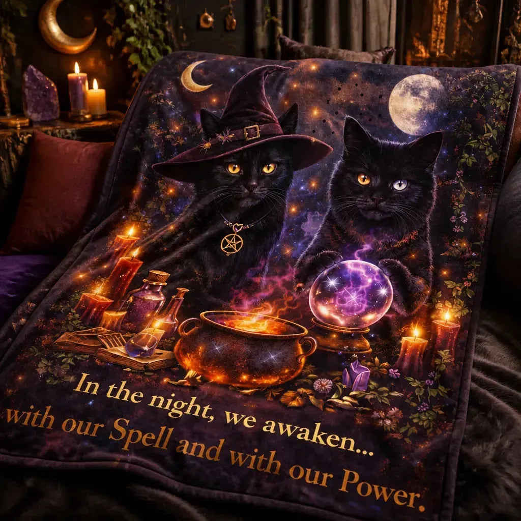 Dark Witchy Black Cats Halloween Blanket Mystical Cat Wiccan Home Decor_mockup_3.webp
