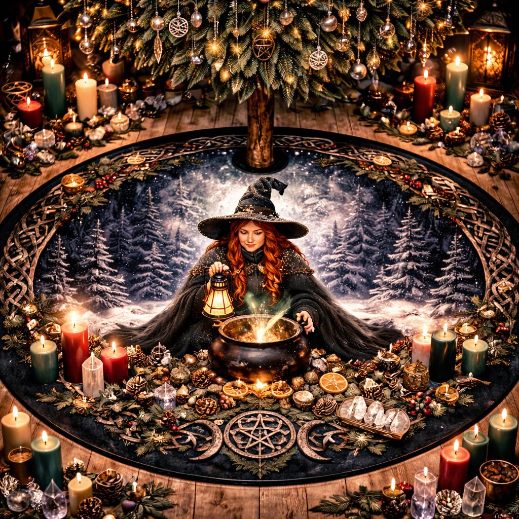 Dark witchy Christmas tree skirt with a witch, cauldron, forest, and celestial symbols.