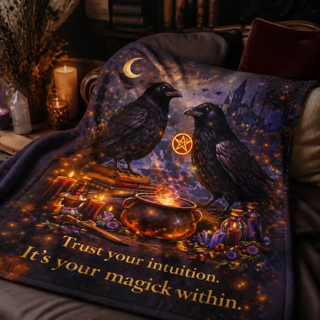 Dark Witchy Ravens Blanket Gothic Crows Wiccan Decor for Halloween_mockup_3.webp