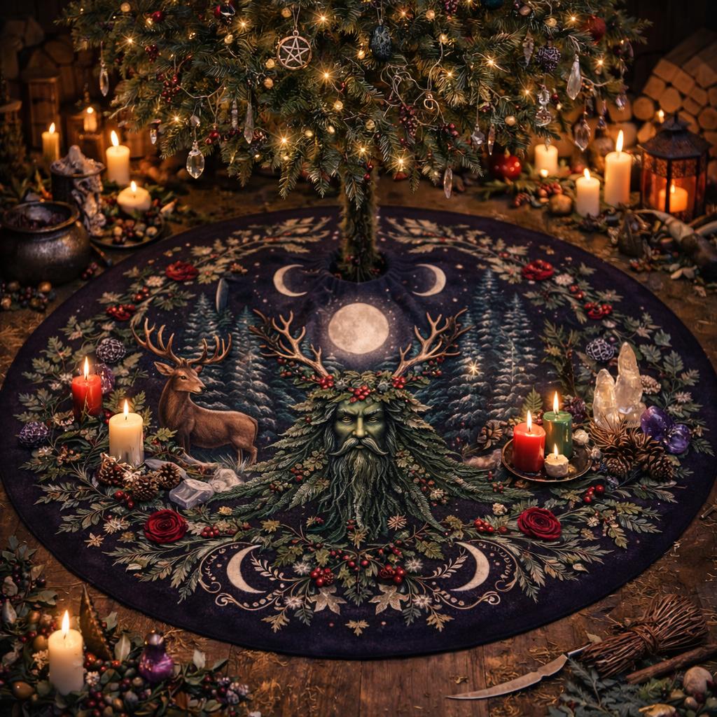 Dark Yule Deer Celestial velvet tree skirt with Green Man, deer, moon, and forest under a lit tree.