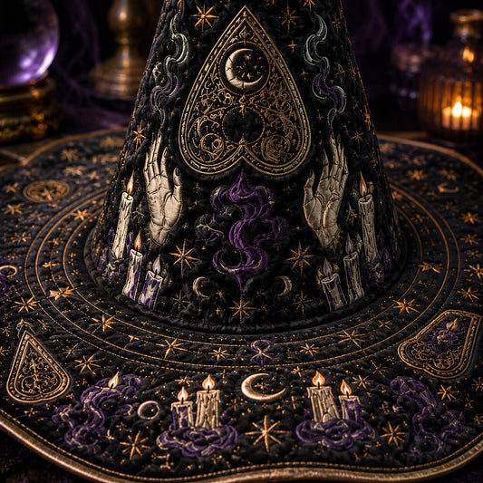 Divination Witch Hat โ Seance Spirit Board Occult Wide Brim Hat โ styled with candles and crystals