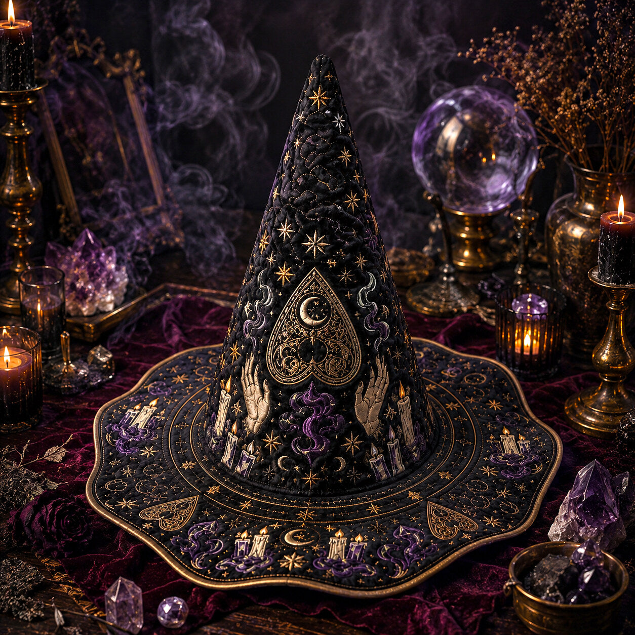 Divination Witch Hat – Seance Spirit Board Occult Wide Brim Hat – held in both hands