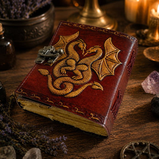 Double Dragon Leather Journal with Brass Lock – Vintage Handmade Witch Grimoire – leather journal, back cover view