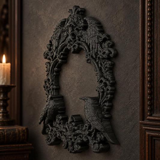 Angled double raven wall frame showing sculpted birds and ornate scrollwork