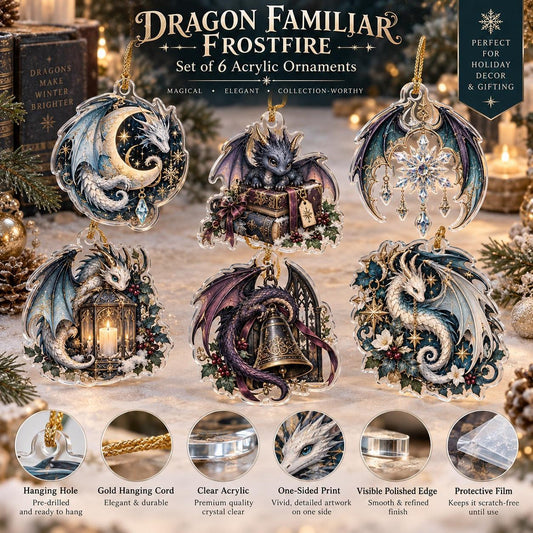 Dragon Familiar Gothic Acrylic Ornament Set – Witchy Yule Decor – ornament size and details