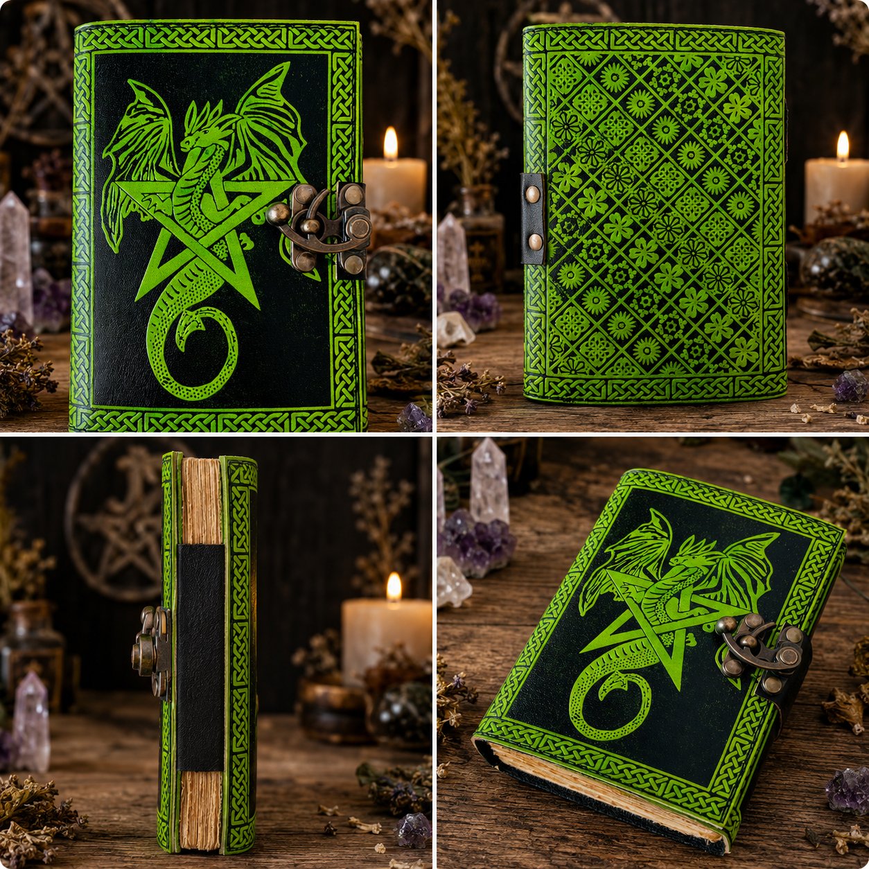 Dragon Pentagram Leather Journal – Handmade Wiccan Grimoire Book of Shadows – leather journal, close-up cover detail