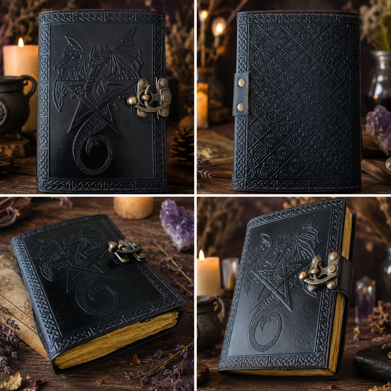 Dragon Pentagram Star Leather Journal with Lock – Vintage Witch Grimoire – leather journal, close-up cover detail
