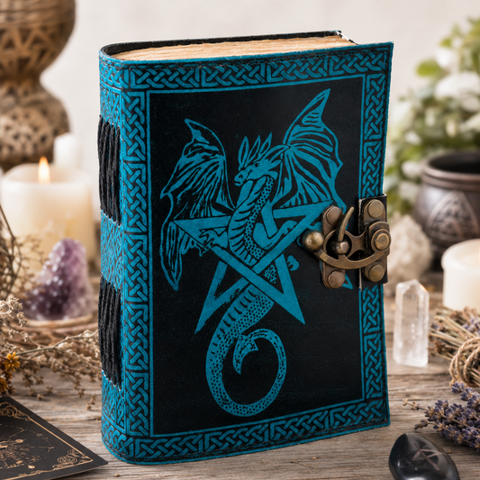 Dragon and pentagram leather journal – handmade witch grimoire book of shadows, dual symbols, view 2