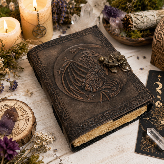 Dragon on moon leather journal – handmade witch grimoire, deckle edge pages, vintage design, view 2
