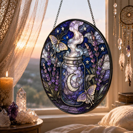 Dream Moon Jar Lavender Moth Glass Suncatcher - close up detail