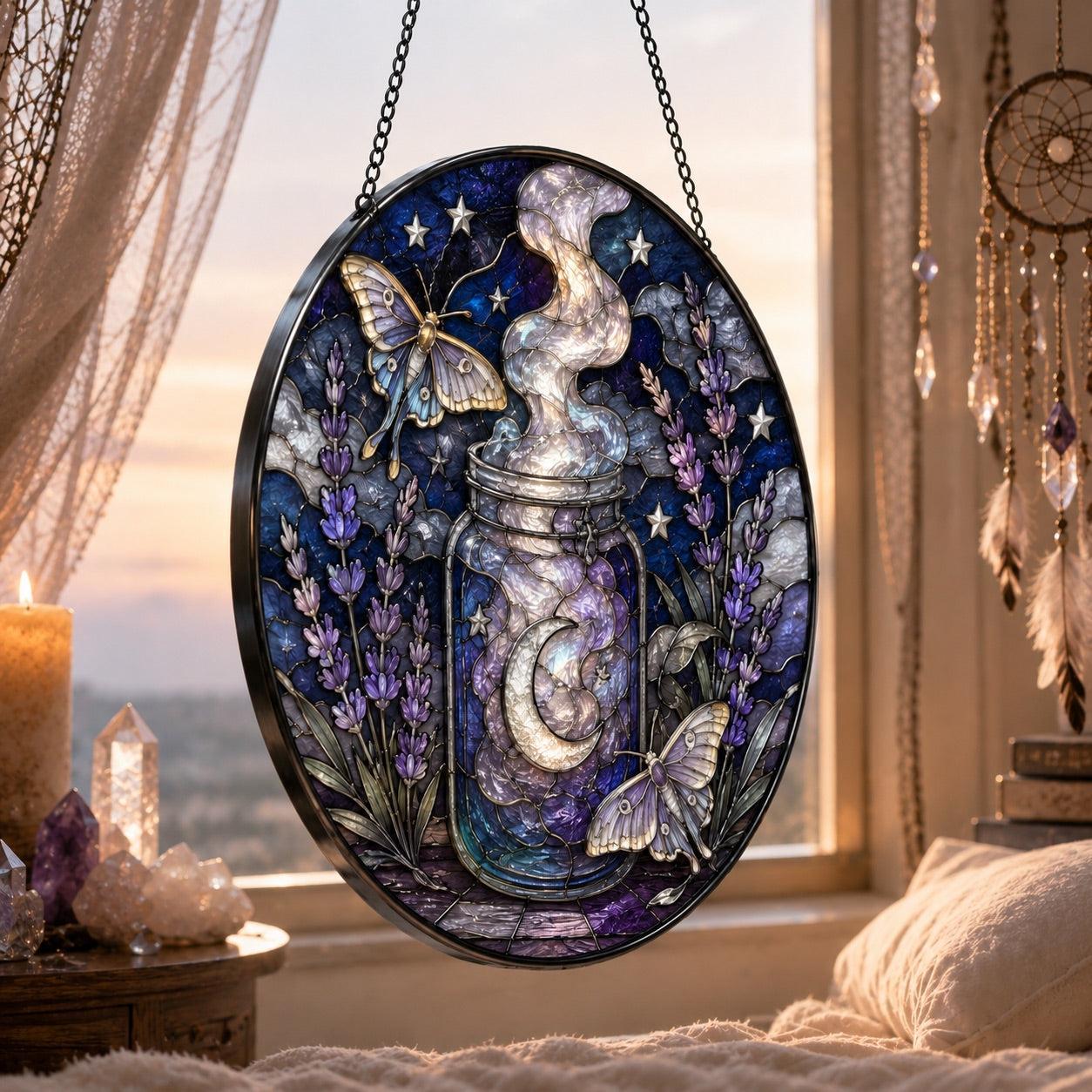 Dream Moon Jar Lavender Moth Glass Suncatcher - hanging view