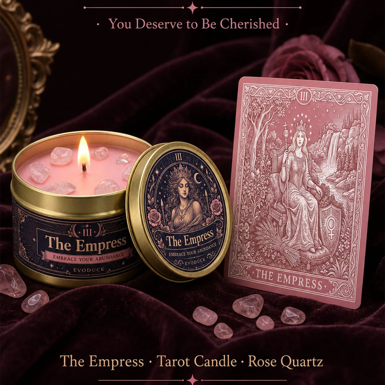 The Empress Tarot Candle – Rose Geranium Scented Rose Quartz Candle