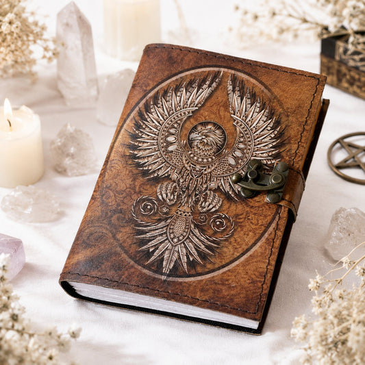 Eagle Spirit Printed Leather Journal – Antique Witch Grimoire Book of Shadows – leather journal, back cover view