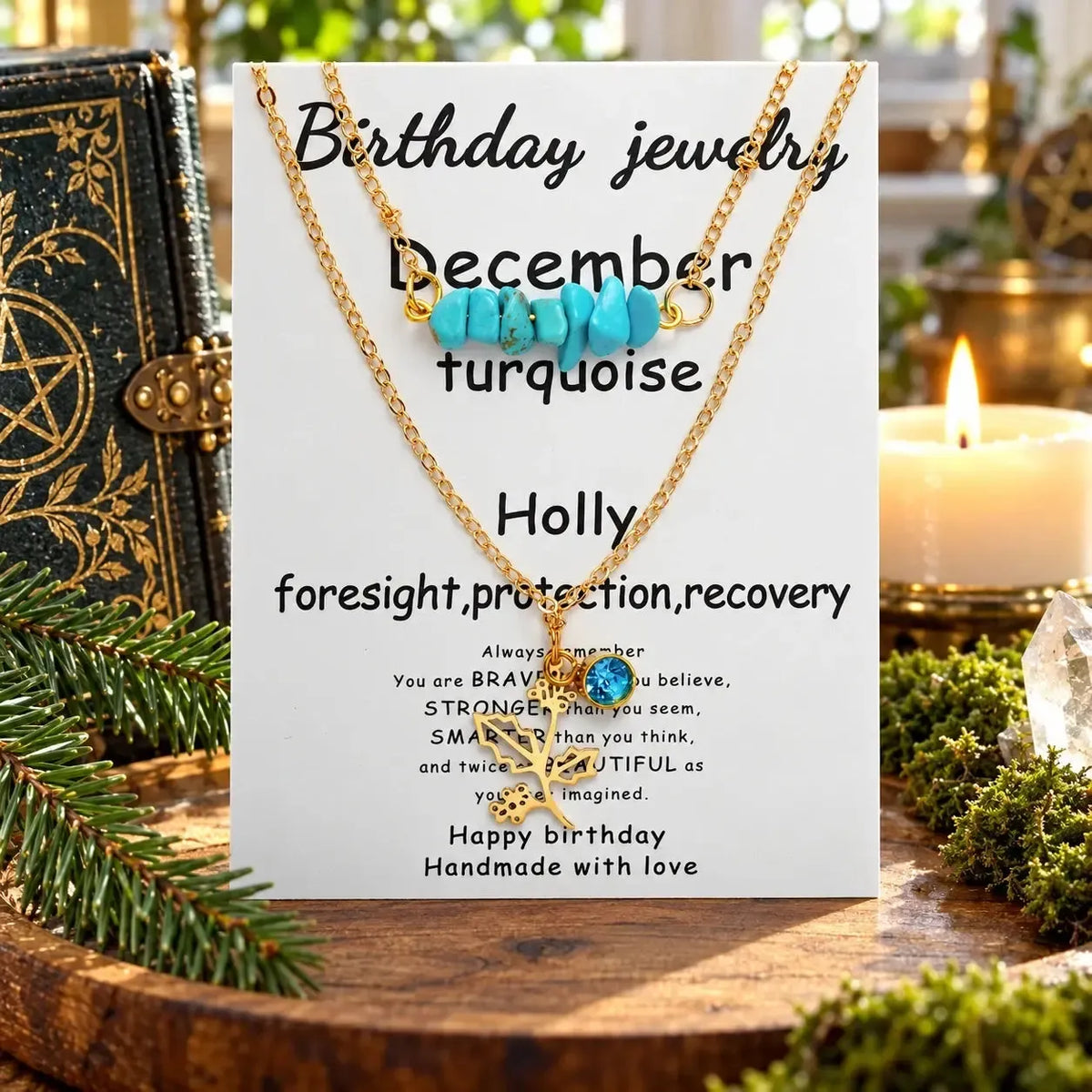 December necklace card labeled Turquoise and Holly