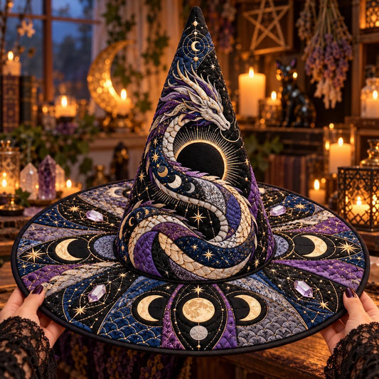 Eclipse Dragon Quilted Witch Hat – Moon Phase Celestial Brim Hat – held in both hands