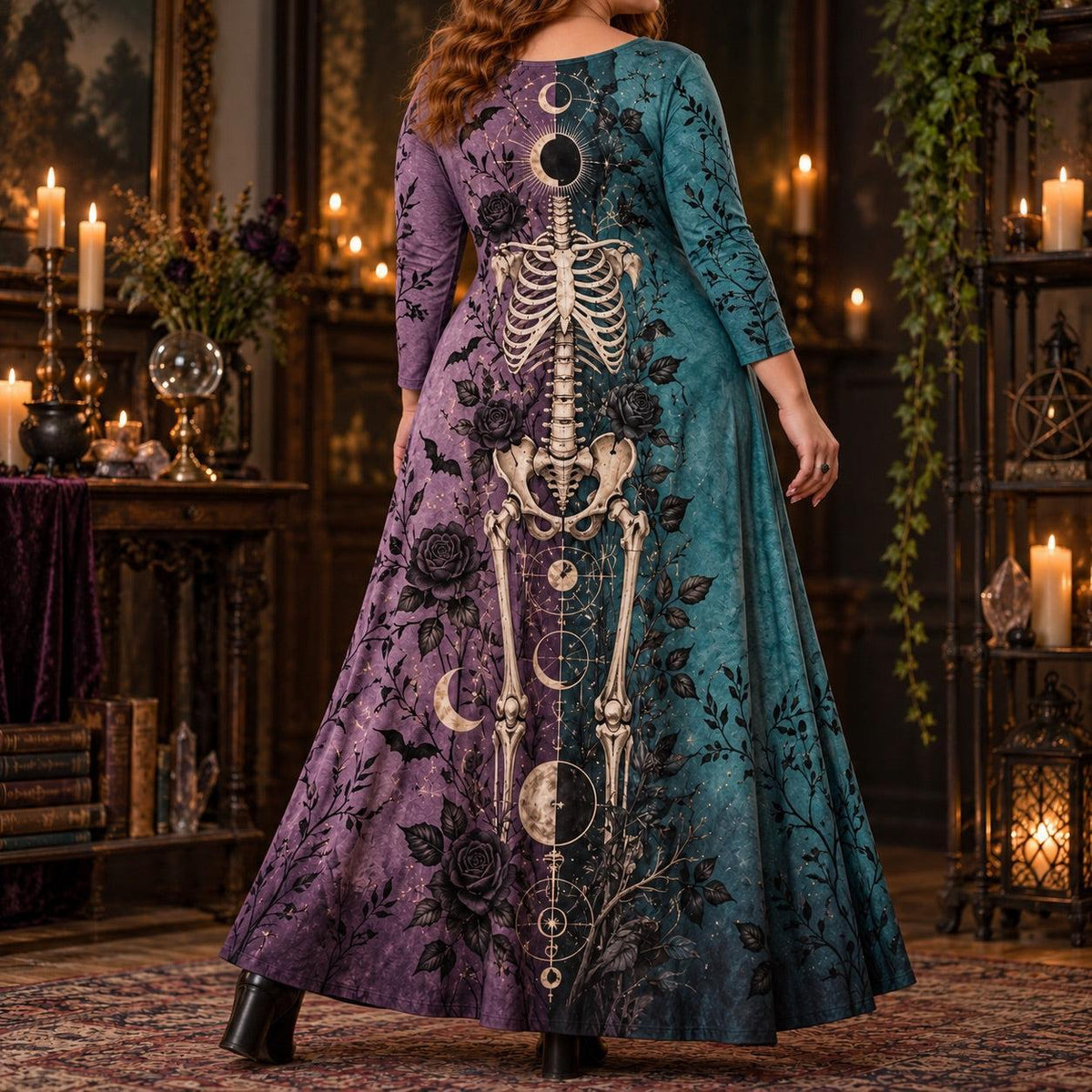 Eclipse Moon Skeleton Plus Size Witch Dress – Bat Rose Long Sleeve Maxi – worn, back view