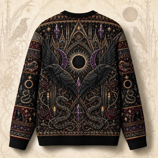 Eclipse Raven Sweater Hooded Figure Serpent Purple Occult Knit back view