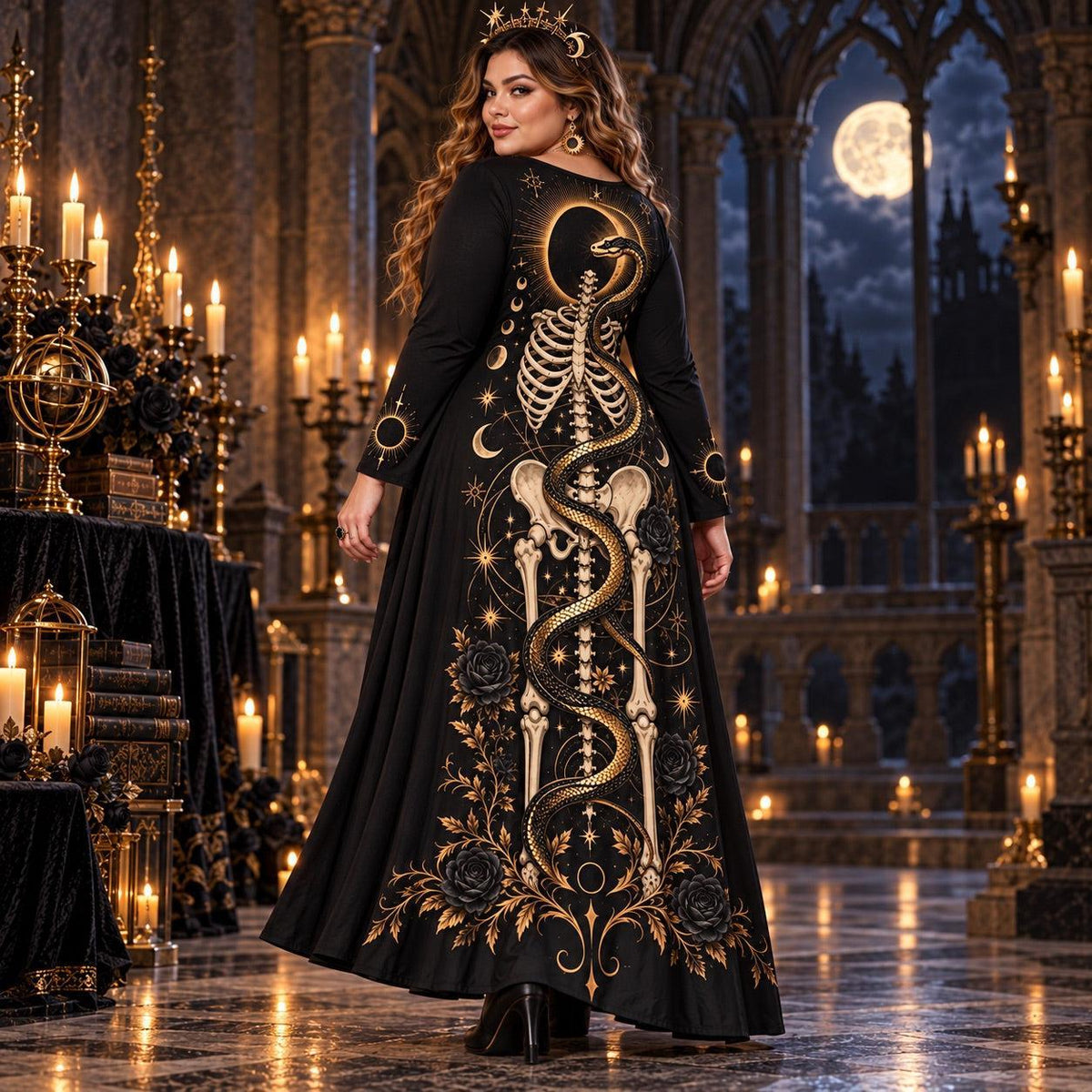 Eclipse Serpent Plus Size Witch Dress – Gothic Skeleton Long Sleeve Maxi – worn, three quarter view