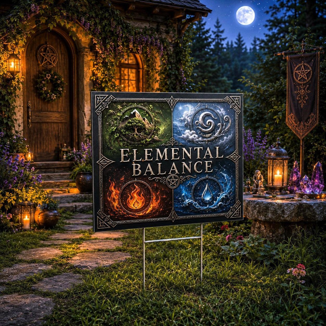 Elemental Balance Four Elements Symbols Wicca Yard Sign - porch scene