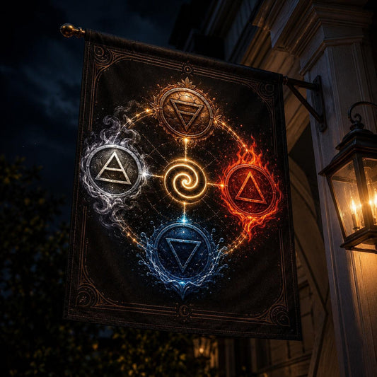 Elemental Wheel house flag mockup hanging outdoors as pagan decor