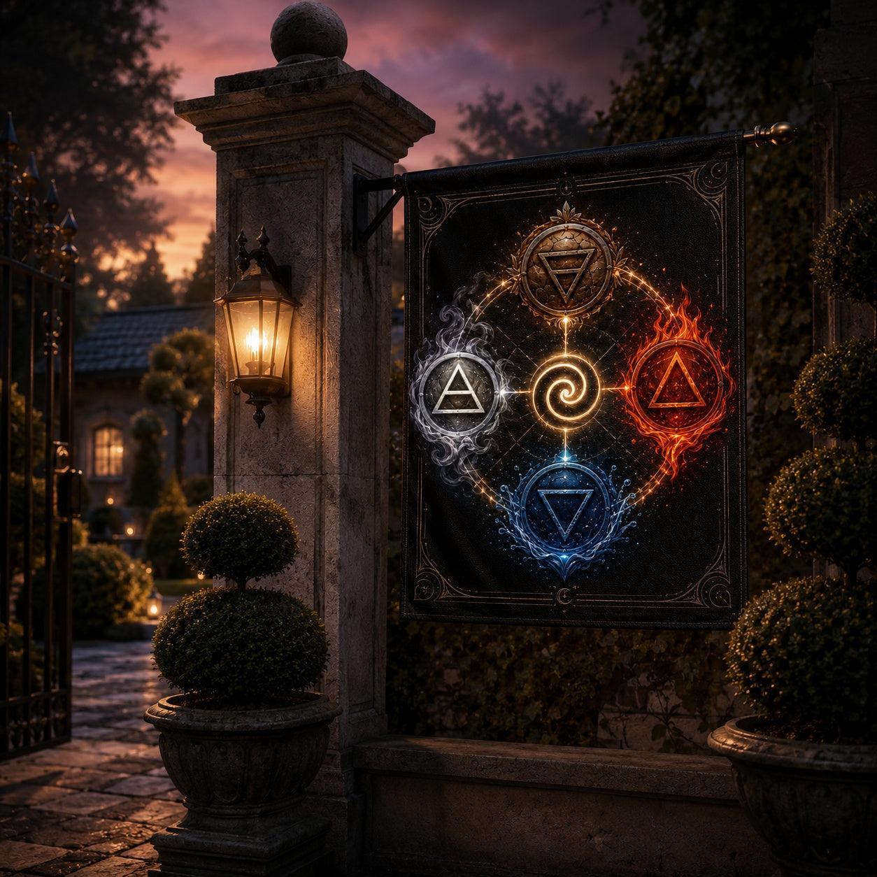 Close-up of Elemental Wheel house flag showing spiral rune artwork