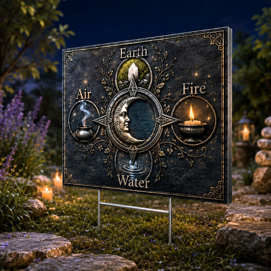 Elements Earth Air Fire Water Wicca Yard Sign - front view