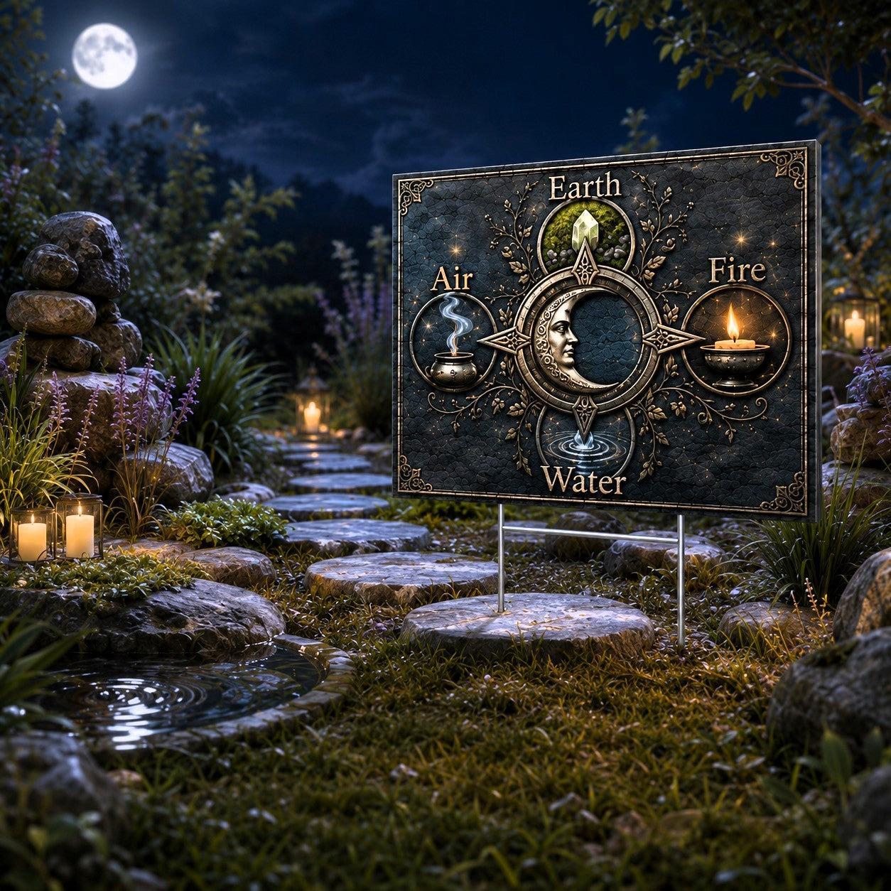 Elements Earth Air Fire Water Wicca Yard Sign - close up detail