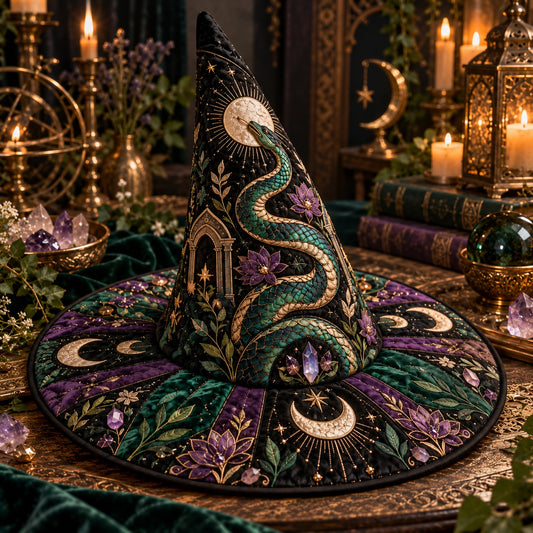 Emerald Temple Quilted Witch Hat โ Serpent Lotus Gothic Brim Hat โ styled with candles and crystals