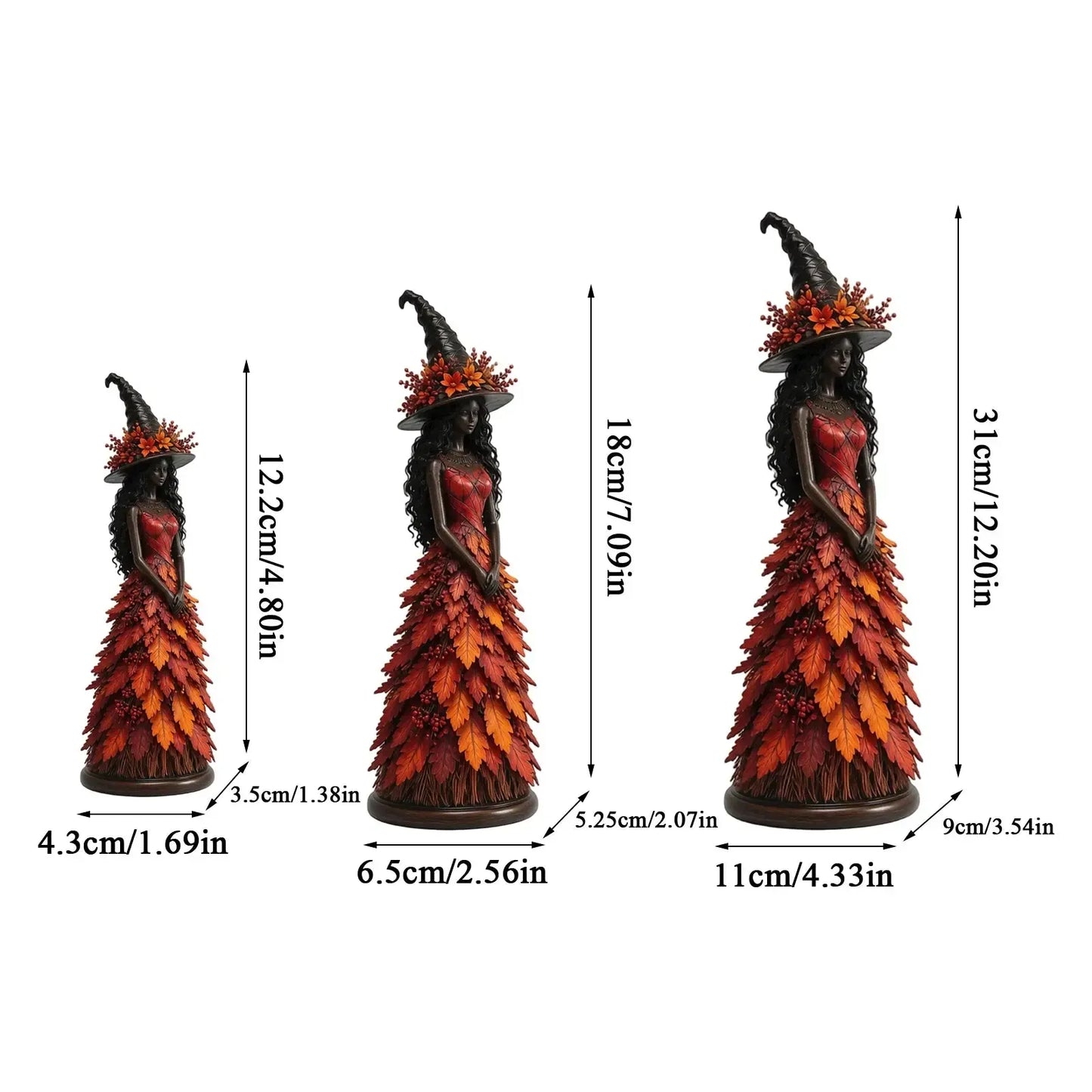 Autumn witch figurine size chart - 12cm 18cm and 31cm height options