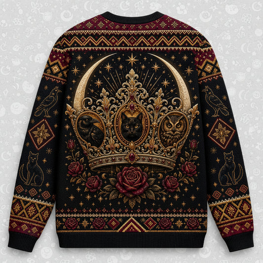 Enthroned Witch Sweater Black Cat Crown Owl Red Gold Knit back view