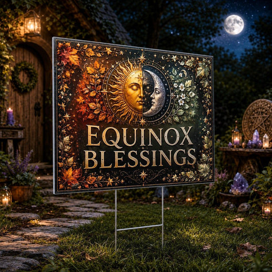Equinox Blessings Sun Moon Autumn Leaves Wicca Yard Sign - garden display
