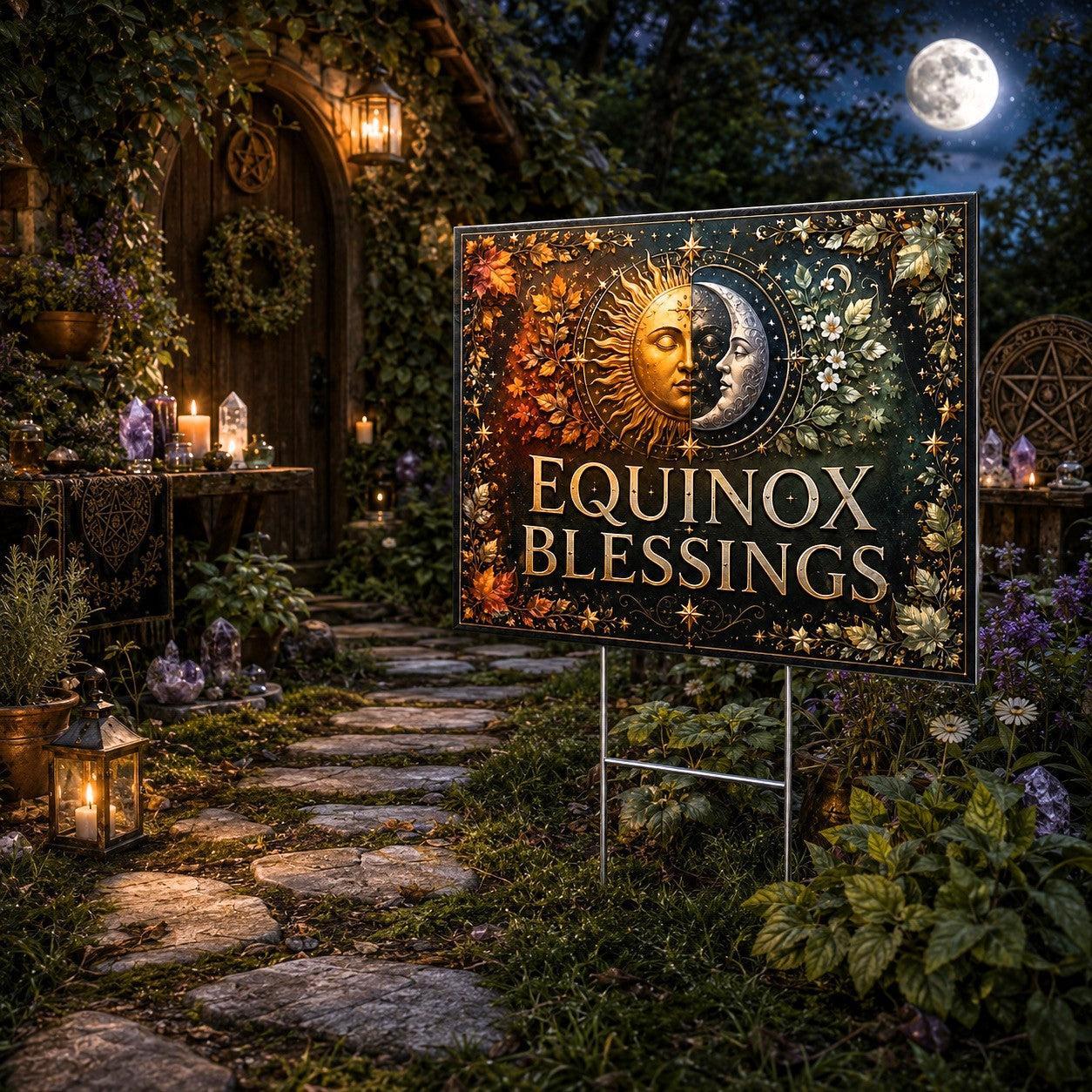 Equinox Blessings Sun Moon Autumn Leaves Wicca Yard Sign - porch scene