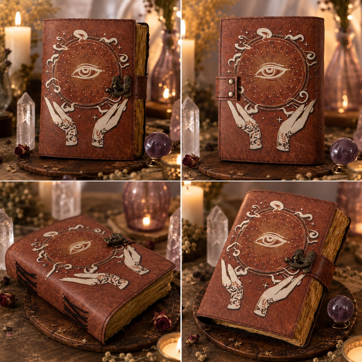 Eye of Horus Printed Leather Journal with Lock – Witch Book of Shadows Grimoire – leather journal, close-up cover detail