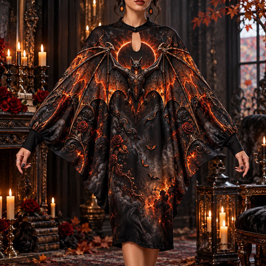 Fire Bat Eclipse Gothic Batwing Dress โ Ember Halloween Witchy Midi โ worn, front view