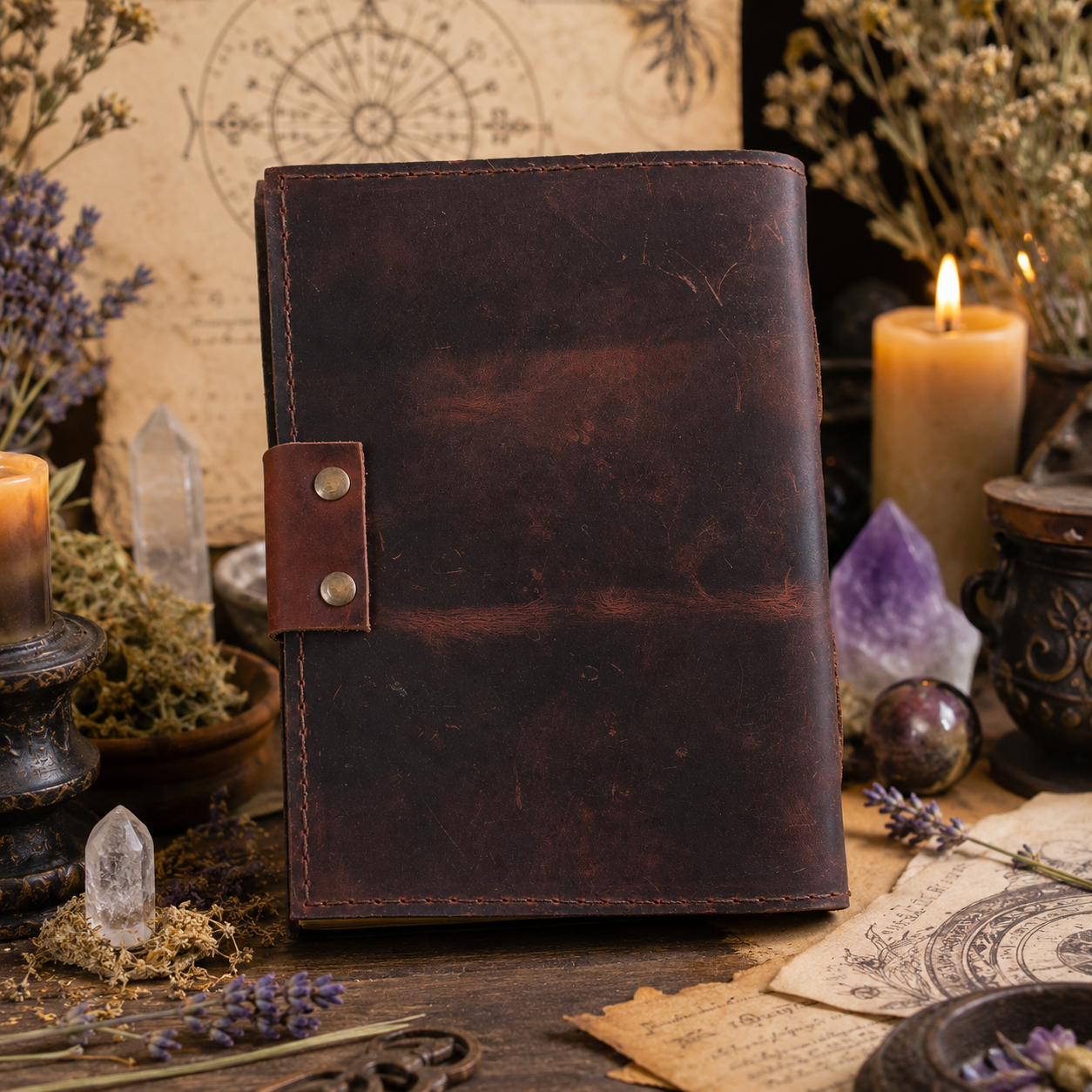 Five stone embedded leather journal – Wiccan grimoire with antique brass lock, deckle pages, view 4