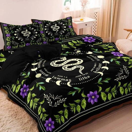 Floral Moon Phase & Snake Gothic Duvet Cover Set Witchy Bedding Set Wiccan Home Decor-MoonChildWorld