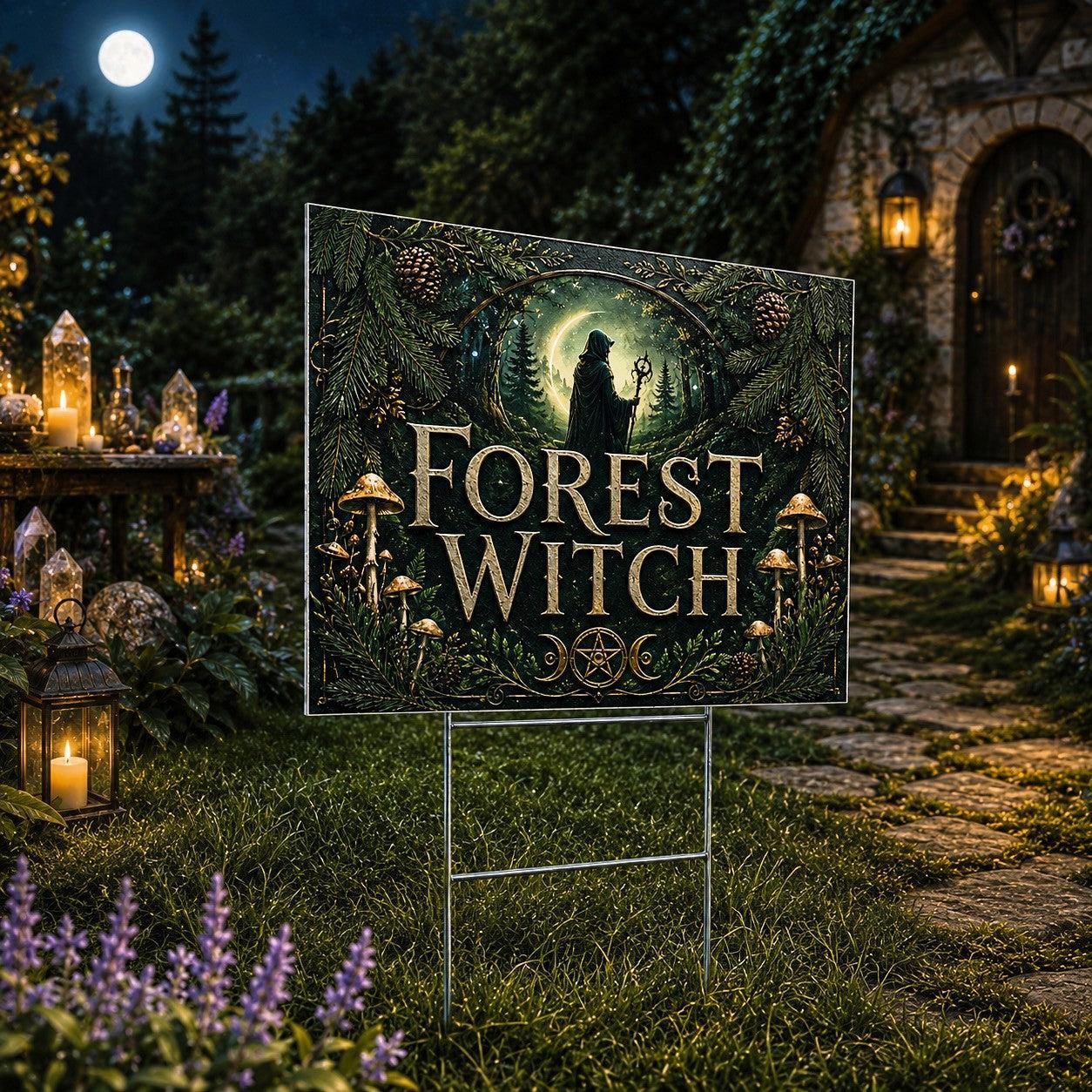 Forest Witch Silhouette Full Moon Wicca Yard Sign - close up detail