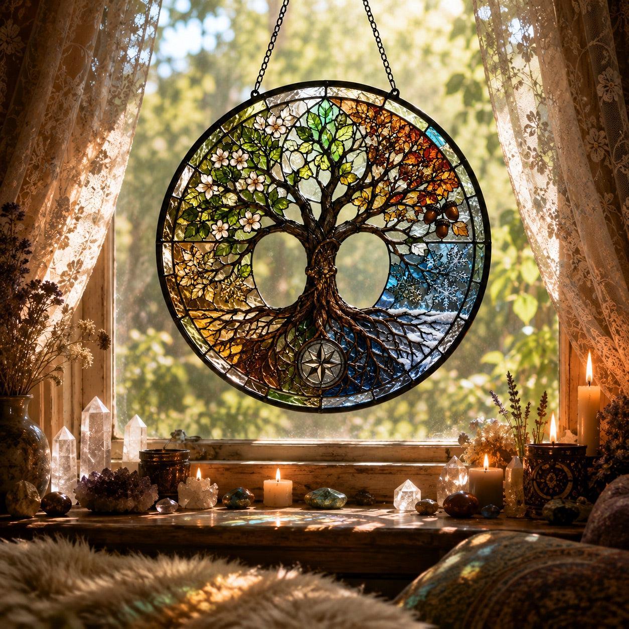 Four Seasons Tree of Life Glass Suncatcher - sunlight glow