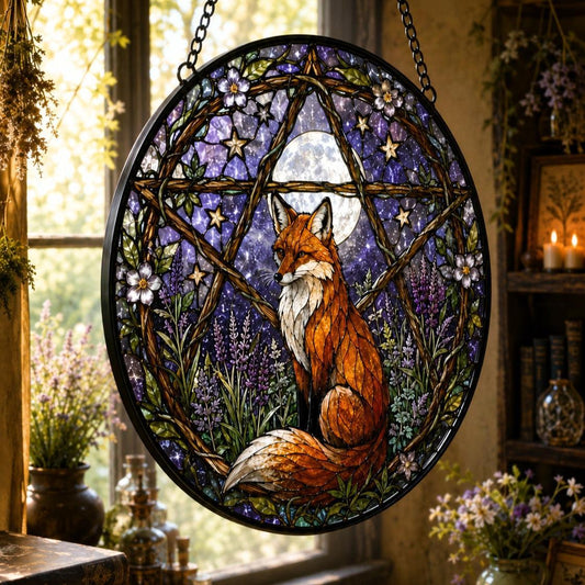 Fox Familiar Pentacle Glass Suncatcher - hanging view